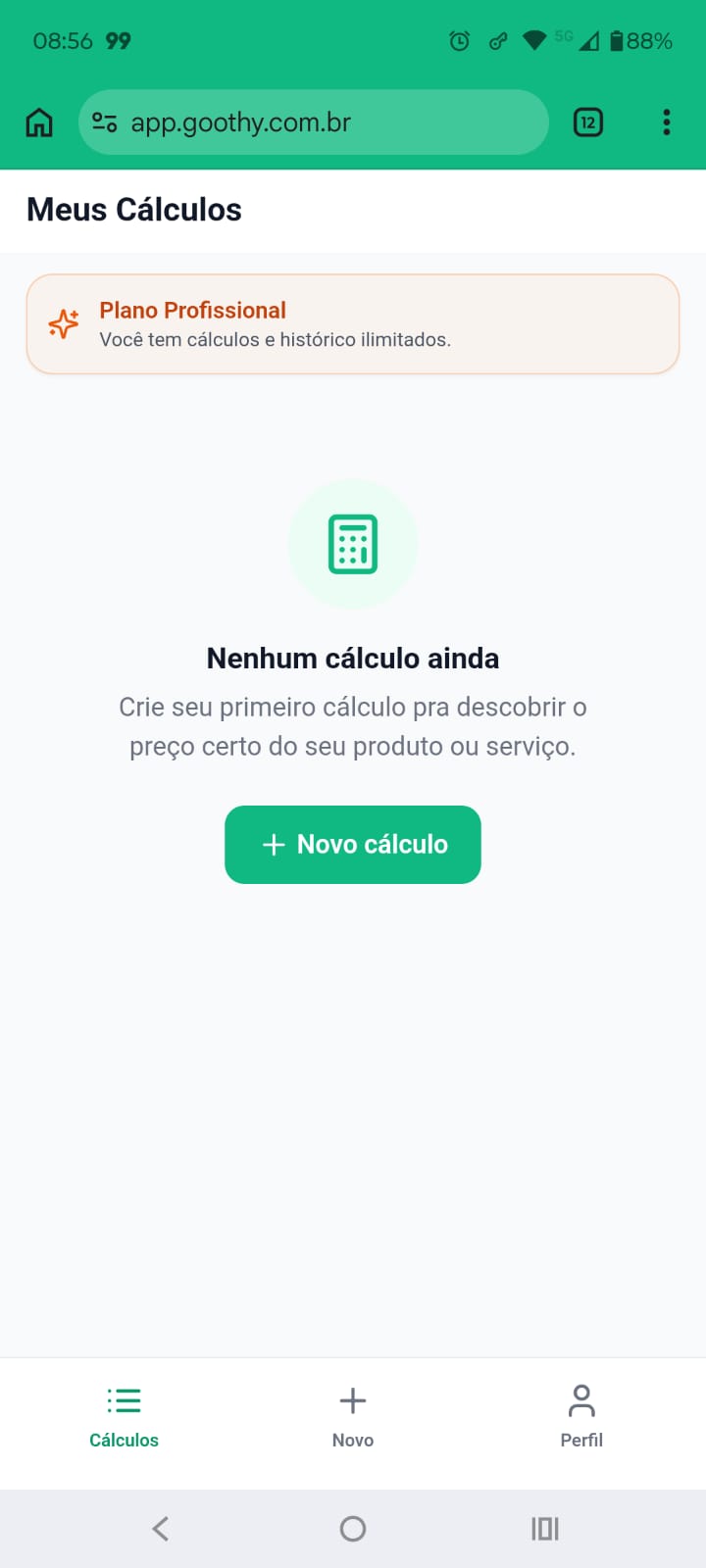 Tela Meus Cálculos vazia do Goothy mostrando botão Novo cálculo no centro