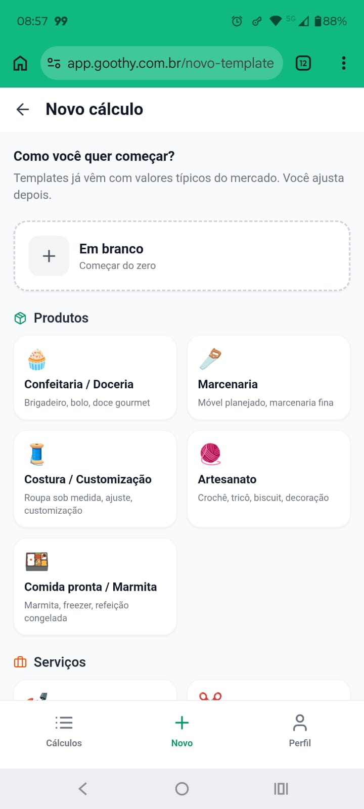 Tela Novo cálculo do Goothy com templates Confeitaria, Marcenaria, Costura, Artesanato, Comida pronta, Serviços