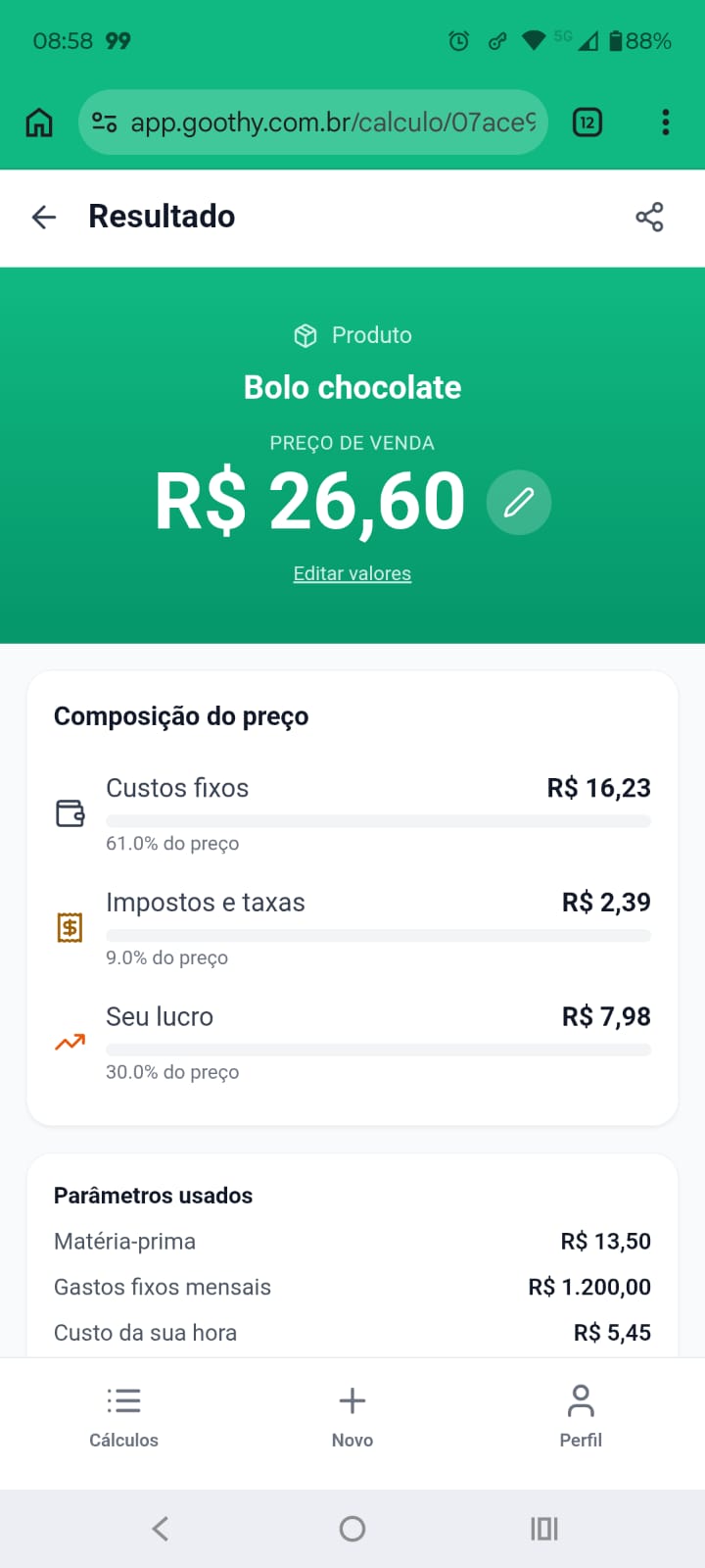 Tela Resultado do Goothy mostrando preço R$ 26,60 do Bolo chocolate com Composição do Preço dividida em Custos fixos, Impostos e Seu lucro