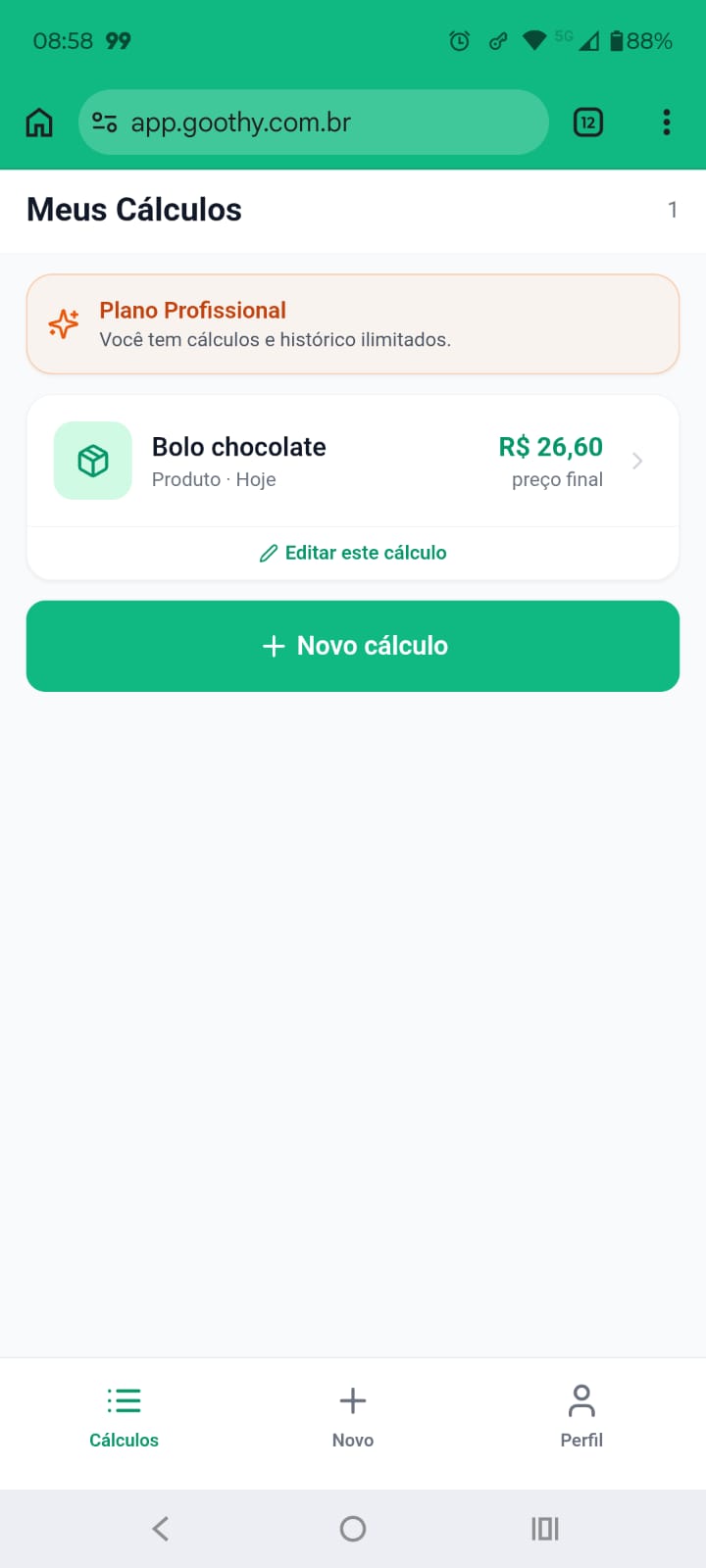 Tela Meus Cálculos do Goothy com card do Bolo chocolate R$ 26,60 salvo e botão Editar este cálculo