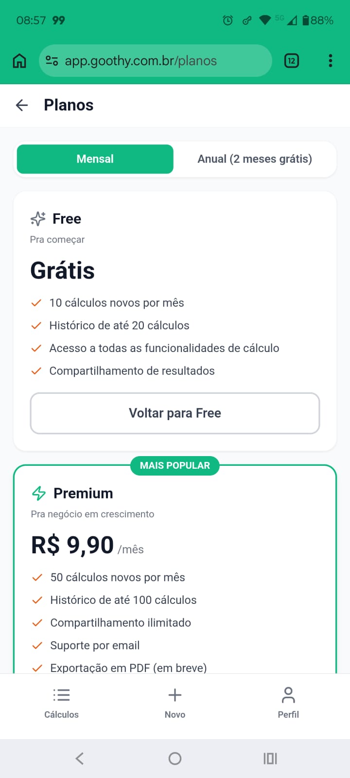 Tela Planos do Goothy mostrando Free grátis e Premium R$ 9,90 por mês com lista de features